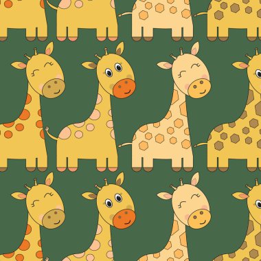 Yeşil arka planda zürafa deseni. Sevimli hayvanlar.