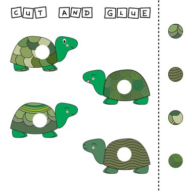 Çocuklar için bir etkinlik geliştirme görevi renkli şirin kaplumbağalar üzerine bir parça kesip yapıştırmak. Çocuklar için mantık oyunu.