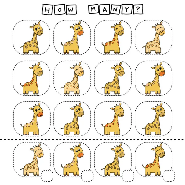 Hur Många Räkna Spel Med Roliga Giraffer Kalkylblad För Förskolebarn — Stockfoto