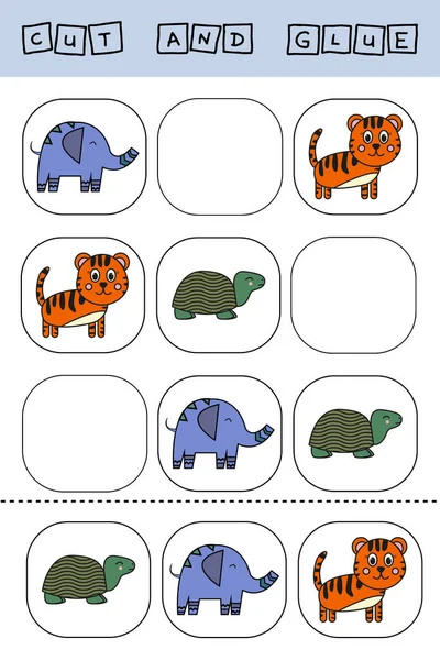 Worksheet Vector Design Task Cut Glue Piece Colorful Turtle Tiger — Stock Photo, Image