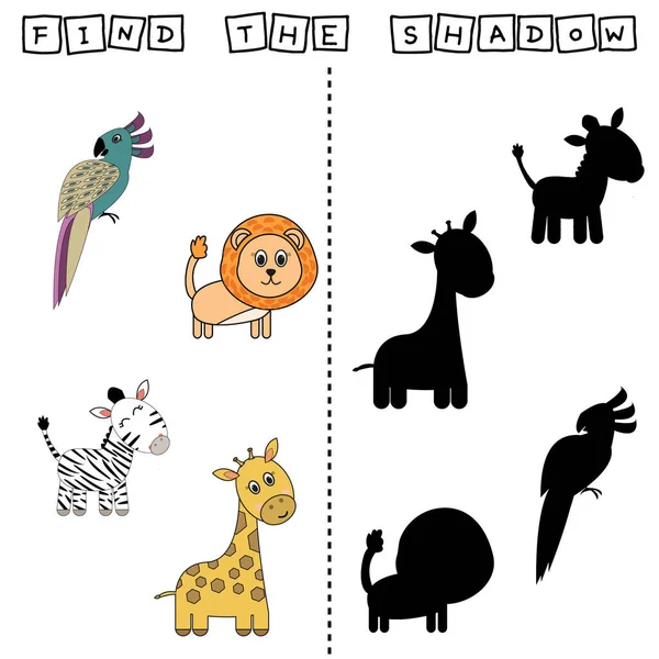 Find Pair Shadow Game Funny Parrot Lion Zebra Giraffe Worksheet — Stock Photo, Image