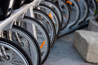 Parlak güneşin altında bisikletle park etmek.