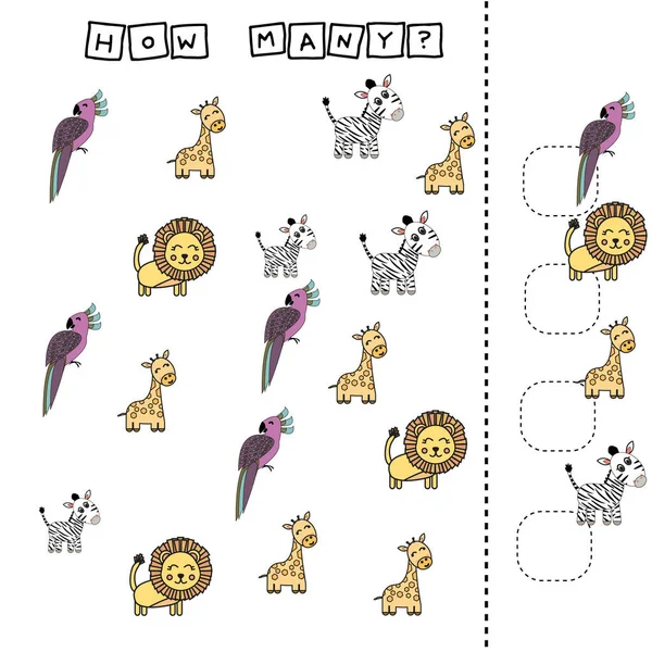 Räkna Spel För Förskolebarn Räkna Hur Många Giraffer Papegojor Zebror — Stockfoto