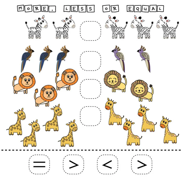 Ami Nagyobb Kisebb Vagy Egyenlő Játék Vicces Zsiráfokkal Papagájokkal Zebrákkal — Stock Fotó
