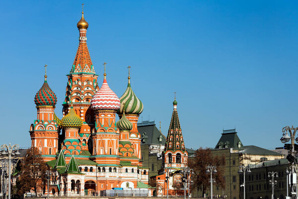 St. Basil's Cathedral in Red square in sunny blue sky. Red square is Attractions popular's touris in Moscow, Russia,