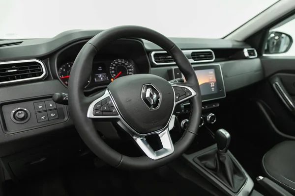 Renault Duster salon. Interior design, dashboard, speedometer, tachometer  and steering wheel inside the car. The car is produced by the French  company Stock Photo - Alamy