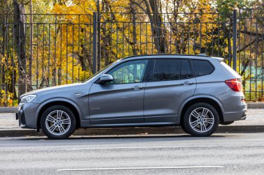 Moskova; Rusya - 15 Ekim 2021: Gümüş renkli BMW X3, sıcak bir günde sonbahar parkının arka planına park edilmiştir. 