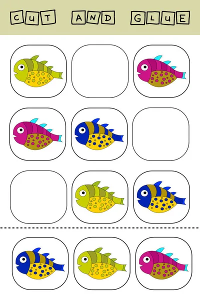 Worksheet Vector Design Task Cut Glue Piece Colorful Fishes Logic — Stock Photo, Image
