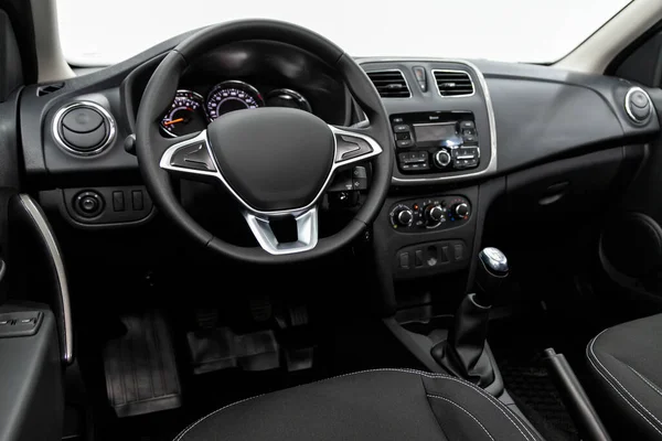 Zwarte Luxe Auto Interieur Dashboard Speler Stuurwiel Knoppen Snelheidsmeter Tachomete — Stockfoto