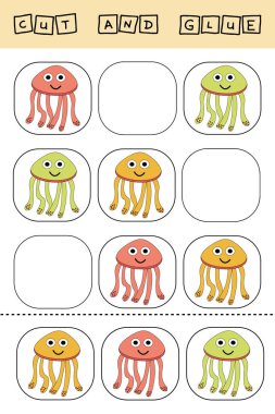 Çalışma tablosu vektör tasarımı, görev renkli denizanaları üzerine bir parça kesip yapıştırmak. Çocuklar için mantık oyunu.