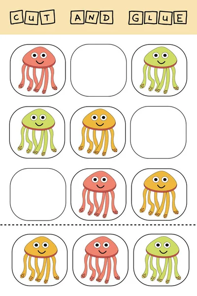 Worksheet Vector Design Task Cut Glue Piece Colorful Jellyfishes Logic — Stock Photo, Image