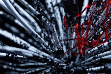 Kızıl bir parazitin 3 boyutlu çizimi, hastalıklarla kaplı kıllı bir vücudun içinden bir mikrop sızıyor.