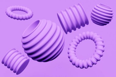 Yakın plan 3D monokrom çizimi. Farklı geometrik şekiller: Küp, koni, küre, küre aynı uzaklığa yerleştirilir. Basit geometrik şekiller 