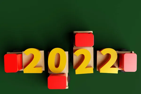 子供のおもちゃのトラックで新年の日付2022の3Dレンダリング カレンダーの画像 来年の象徴 年の変更性 — ストック写真