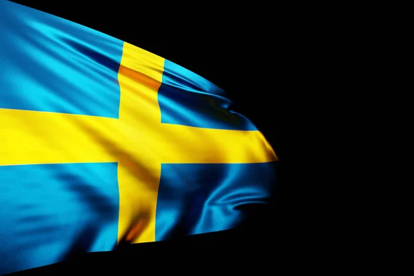 Illustration Den Nationella Flaggan Sverige Metallflaggstång Fladdrar Mot Blacl Isolerad — Stockfoto