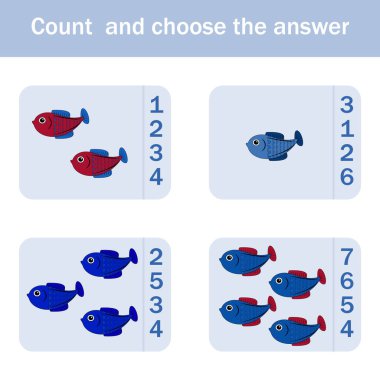 Komik balıklarla kaç tane sayma oyunu. Okul öncesi çalışma tablosu, çocukların faaliyet tablosu, basılabilir çalışma tablosu