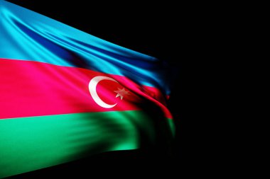 Azerbaycan 'ın ulusal bayrağının siyah izole arka planda dalgalanan metal bir bayrak direğindeki üç boyutlu çizimi. Ülke sembolü.