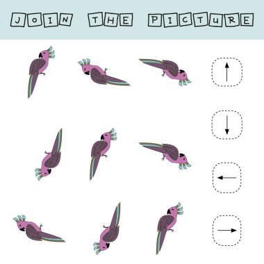 Hayvan papağanlarının resimlerini ve yönlerini eşleştir. Yukarı, aşağı, sola ve sağa. Yazdırılabilir çalışma kağıdı. Eğitim için flashcards.