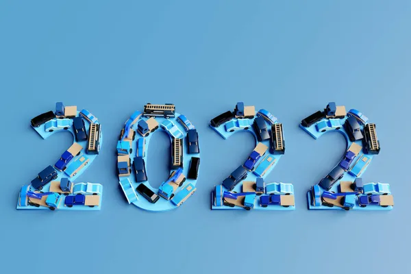 Иллюстрация Синяя Огромная Надпись 2022 Изготовлена Моделей Детских Игрушек Автомобилей — стоковое фото