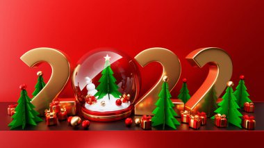Çizgi filmin 3d çizimi mutlu yeni yıl 2022 tebrik kartı: hediyeli yeni yıl kardan adam, yılbaşı ağacı olan cam kar küresi, sihirli fenerlerin altındaki eski arabalar. Noel kar küresi