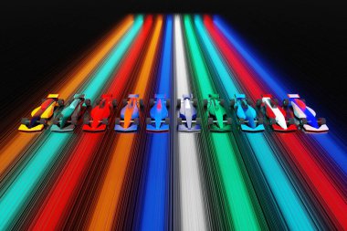 3D illüstrasyon çeşitli yarış arabaları neon hatları boyunca yarış pisti boyunca yarışıyorlar. Otomatik Yarış