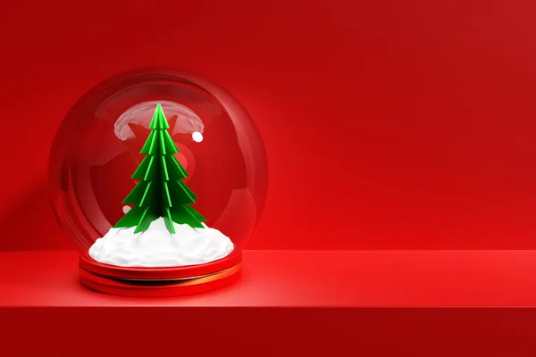 Illustration Einer Schneekugel Mit Einem Weihnachtsbaum Auf Rotem Hintergrund Glasschneekugel — Stockfoto