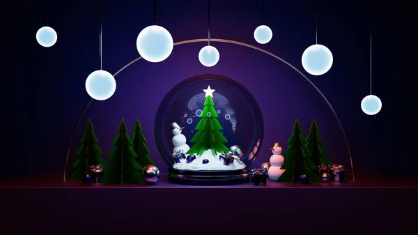 Ілюстрація Скляної Снігової Кулі Ялинкою Подарунками Сніговиками Під Чарівними Ліхтарями — стокове фото