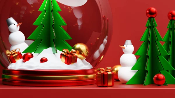 Ілюстрація Скляної Снігової Кулі Ялинкою Подарунками Сніговиками Під Чарівними Ліхтарями — стокове фото