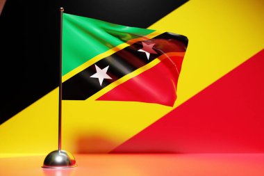 St. Kitts ve Nevis 'in ulusal bayrağının 3 boyutlu resmi dalgalanan metal bir bayrak direğinde. Ülke sembolü..