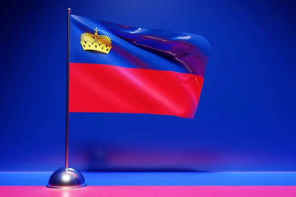 Ilustración Bandera Nacional Liechtenstein Sobre Asta Bandera Metal Ondeando — Foto de Stock