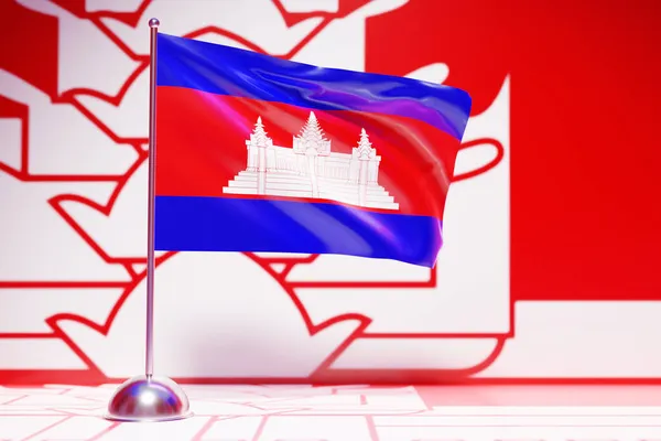 Illustration Der Kambodschanischen Nationalflagge Auf Einem Fahnenmast Aus Metall Der — Stockfoto