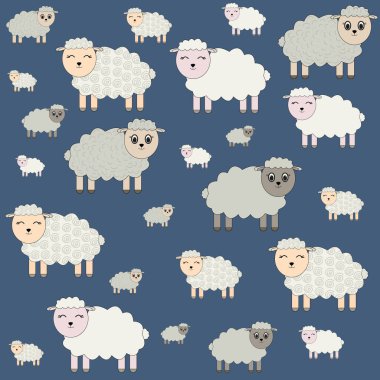 Mavi arka planda koyun deseni var. Sevimli hayvanlar.