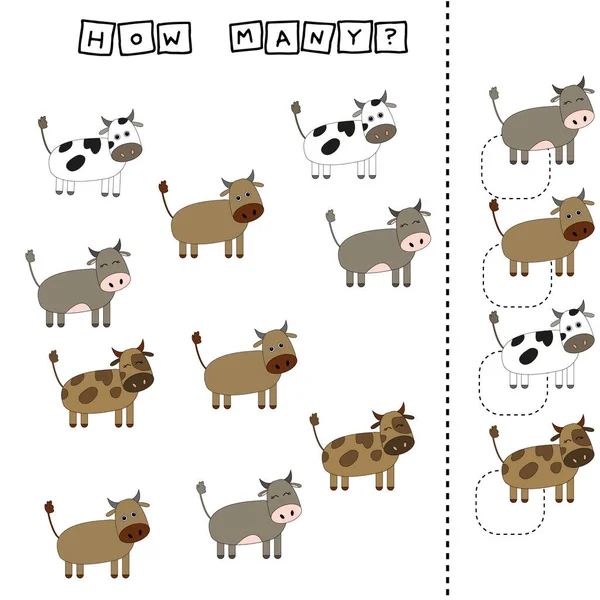 How many counting game with funny  animals cows. Preschool worksheet, kids activity sheet, printable worksheet