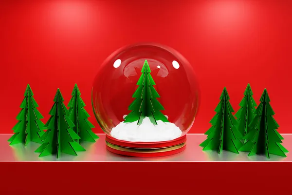 Illusztráció Egy Karácsonyi Hógömb Egy Karácsonyfa Egy Piros Háttér Üveg — Stock Fotó