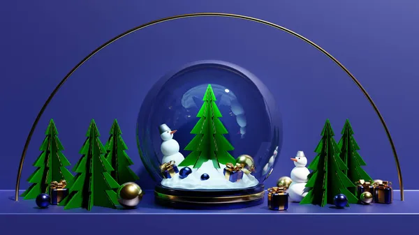 Ілюстрація Різдвяної Снігової Кулі Ялинкою Сніговиком Подарунками Ялинковими Прикрасами Синьому — стокове фото
