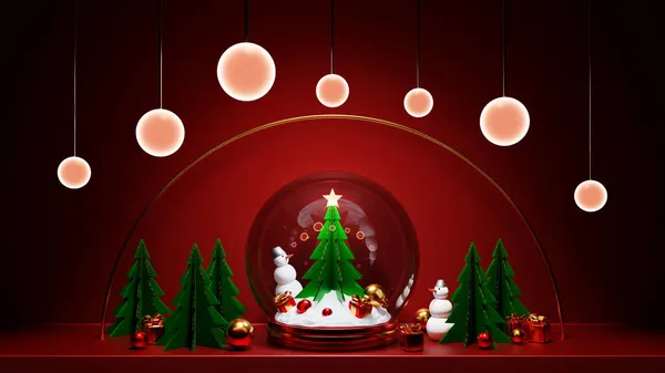 Illustration Einer Gläsernen Schneekugel Mit Weihnachtsbaum Geschenken Schneemännern Unter Magischen — Stockfoto
