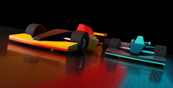 Illüstrasyon Çeşitli Yarış Arabaları Yarış Pistinin Başında Tarafında Duruyor — Stok fotoğraf