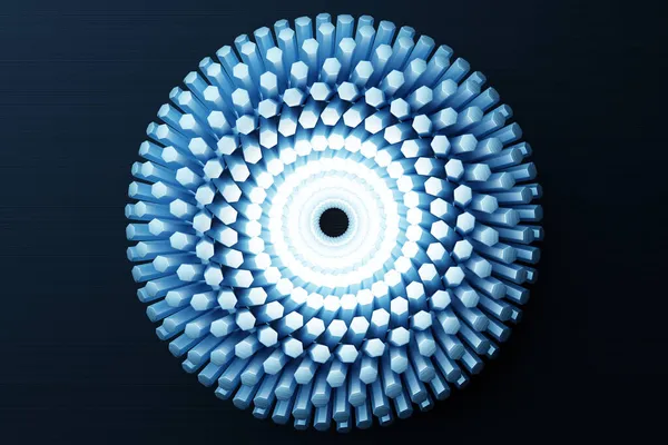 抽象的な青の金属ラウンドフラクタル スパイクとポータルをレンダリングします 背景に丸みを帯びた螺旋 — ストック写真