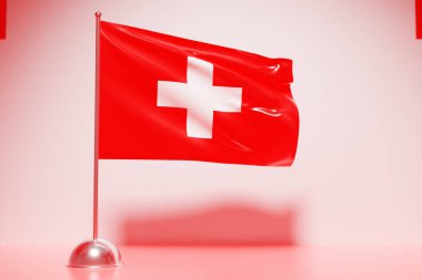 Metal bir bayrak direğinde dalgalanan 3 boyutlu İsviçre bayrağı. Ülke sembolü..