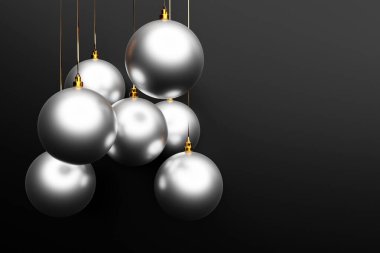 Koyu arkaplanda farklı yüksekliklerde asılı gümüş Noel toplarının üç boyutlu bir çizimi. Boş tarla ve noel ağacı içeren iş özeti noel kartı