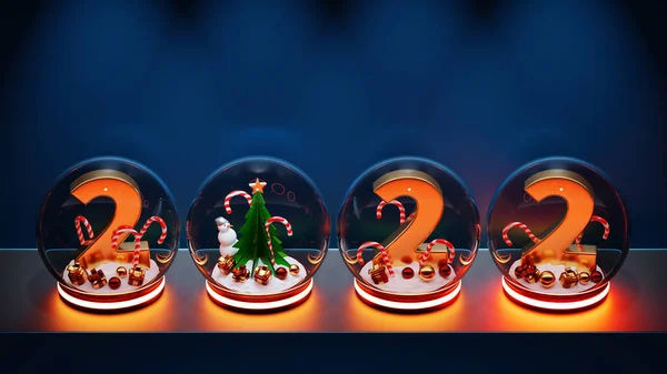 Hatalmas Összeg Jövőre 2022 Hógömbbel Zöld Karácsonyfákkal Ajándékokkal Szilveszteri Hangulat — Stock Fotó