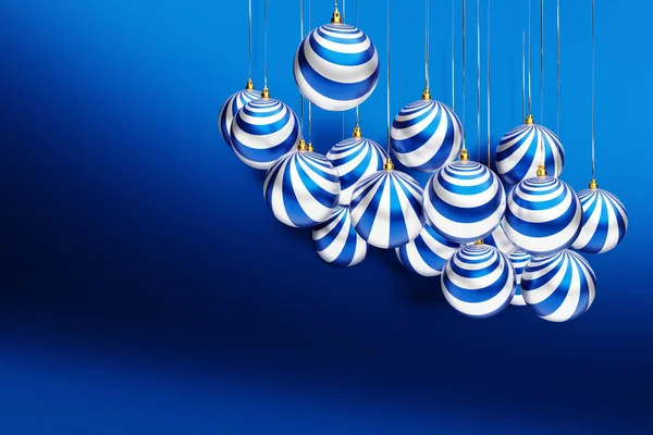 Ilustração Prata Bolas Natal Azuis Penduradas Diferentes Alturas Fundo Azul — Fotografia de Stock