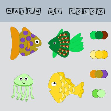 Çalışma tablosu vektör tasarımı, balıkları rengine bağlamak için zorluk. Çocuklar için mantık oyunu.
