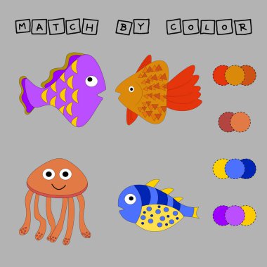 Çalışma tablosu vektör tasarımı, balıkları rengine bağlamak için zorluk. Çocuklar için mantık oyunu.