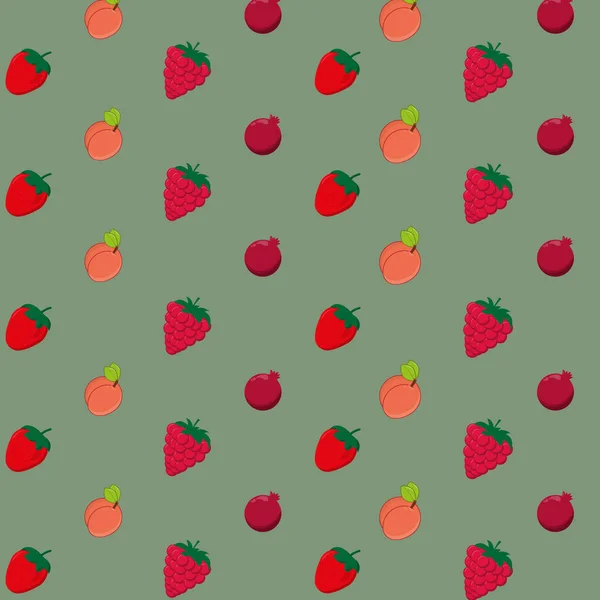 Fruites Beriies Pattern Strawberry Peach Pomegranate Raspberry Green Background Cute — Stock Photo, Image