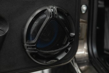 Novosibirsk, Rusya - 07 Kasım 2021: Niva Efsanesi, yakın plan müzik sütunu. Metal doku