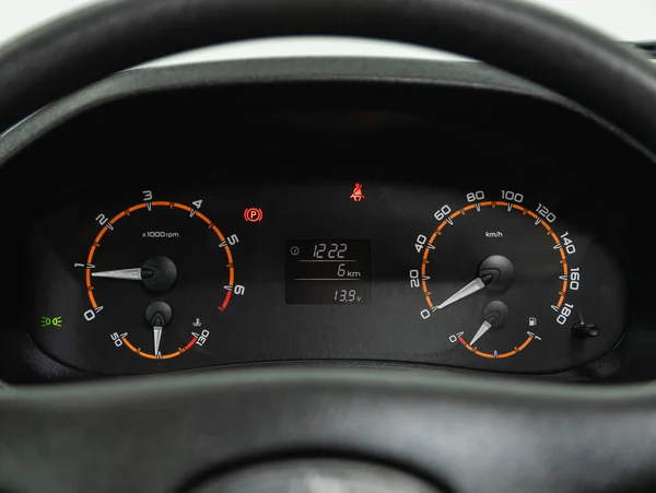 Novosibirsk Russia November 2021 Niva Legend Black Car Speedometer 汽车仪表盘的近照 — 图库照片