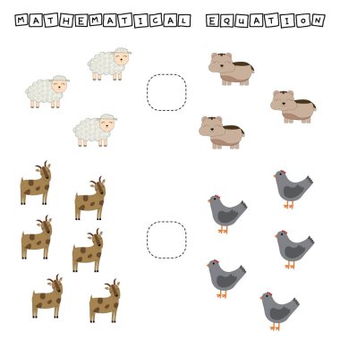 Bu da komik koyunlarla, hamsterlarla, keçilerle, tavuklarla büyük, az ya da çok eşit bir oyun. Anaokulu çocukları için çalışma listesi, aktivite listesi, basılabilir çalışma tablosu 