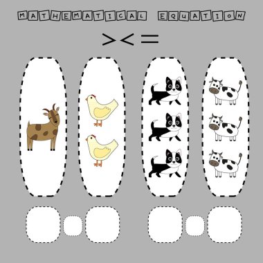 Çocuklar için gelişen aktiviteler, daha fazla evcil hayvanı karşılaştırın. Çocuklar için mantık oyunu, matematiksel eşitsizlikler.