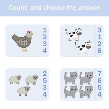Komik orman hayvanlarıyla, tavuklarla, ineklerle, koyunlarla, kedilerle kaç tane sayma oyunu var? Okul öncesi çalışma tablosu, çocukların faaliyet tablosu, basılabilir çalışma tablosu
